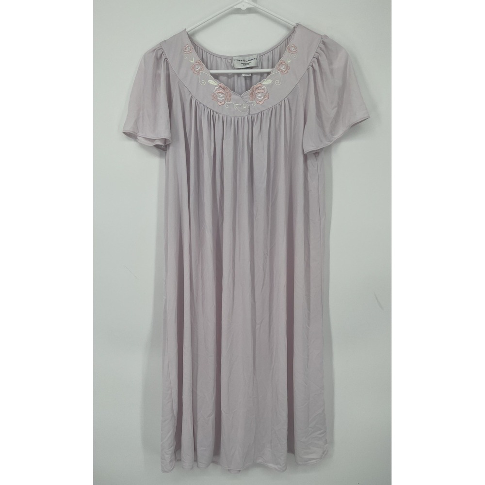 Miss Elaine Nylon Gown Pink Floral Embroidered Satin Scoop Neck Nightgown Small